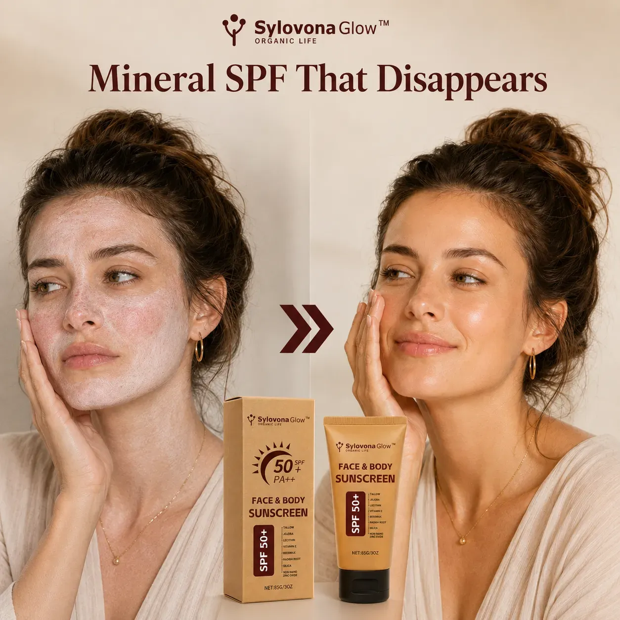 Sylovona Glow™ sunscreen with zinc oxide and jojoba